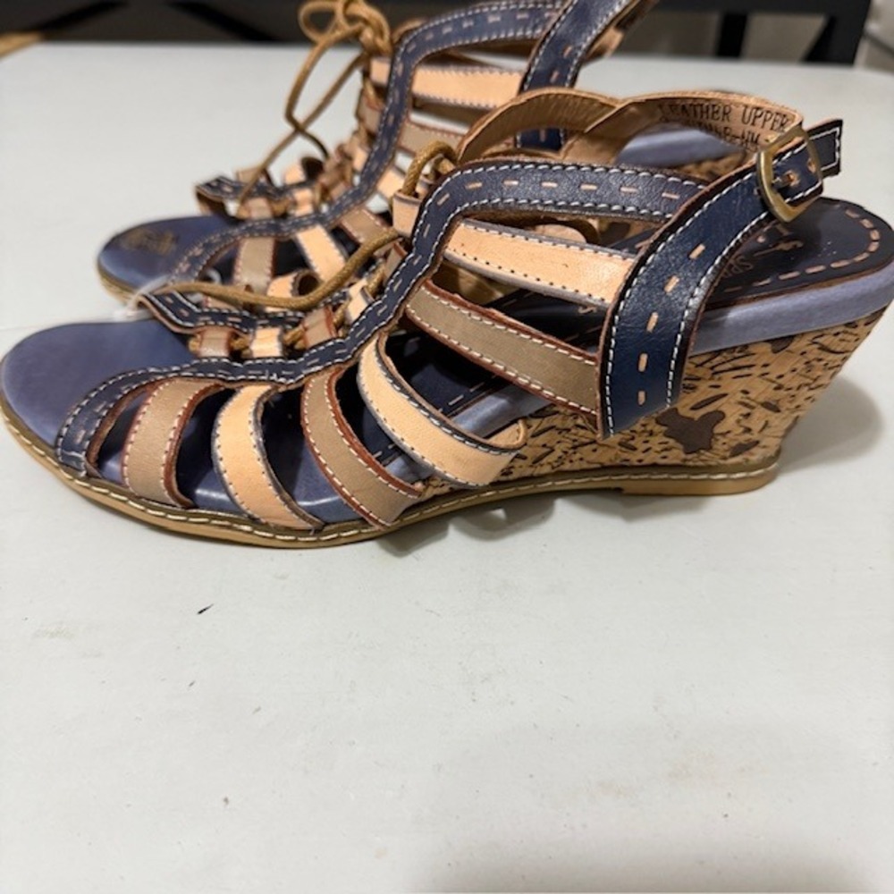 Spring Step L'Artiste Quinne Navy Leather Lace Up Cork Wedge Sandals Boho Hippie